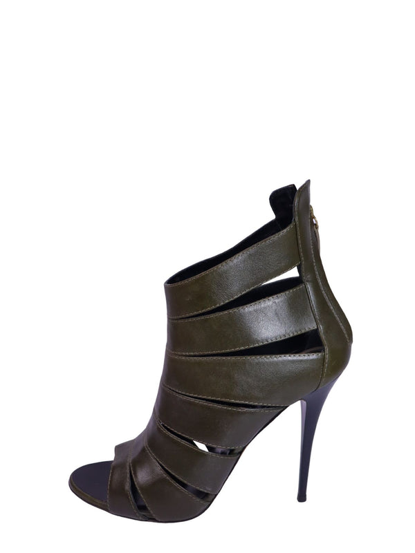 Giuseppe Zanotti dark olive leather cage sandal heels with cutout strap detailing, open toe design, and slim stiletto heels.