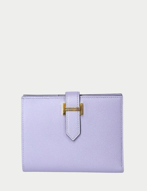 Hermès compact folding wallet in lilac-grey textured leather with gold H-closure