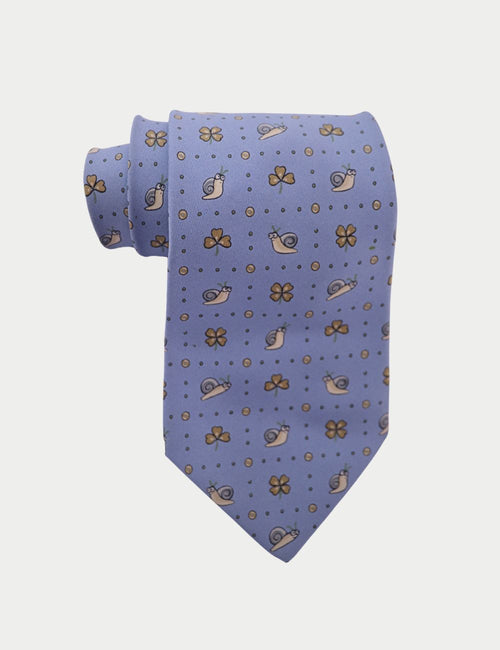 Hermès light blue silk tie with whimsical snail and flower print, luxury men’s accessory