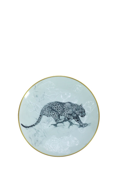 Hermès Carnets d'Équateur porcelain dessert plate featuring a detailed black-and-white panther illustration at the center, accented by subtle feline sketches in the background and a fine gold rim. Elegant wildlife-inspired design from the Carnets d'Équateur collection