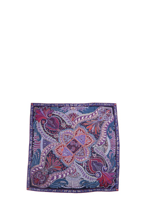 Hermès purple silk scarf with intricate paisley and floral print, multicolor botanical design, decorative border, and square silhouette