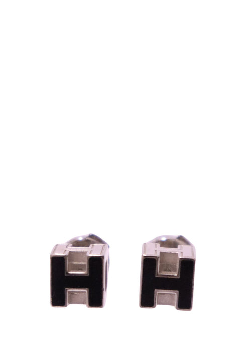 Hermès Cage d’H black enamel and silver-tone cube stud earrings with signature H motif