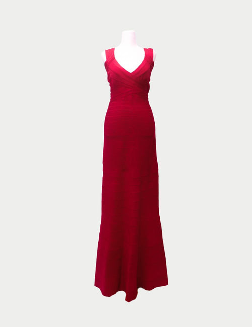 Luxury Hervé Léger sleeveless red bodycon maxi dress with signature bandage design