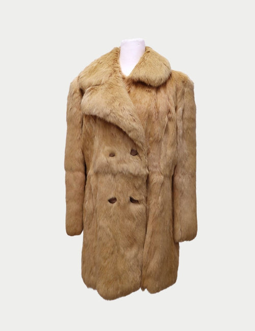 Vintage honey beige fur jacket with long silhouette and double-breasted design