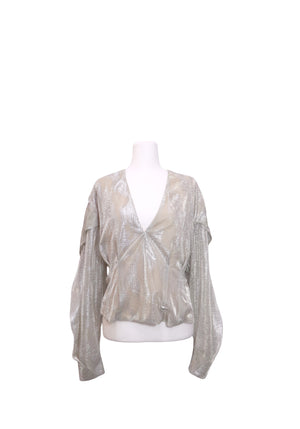 IRO silver metallic plissé long sleeve blouse with deep V-neckline, gathered front detail, and relaxed silhouette.
