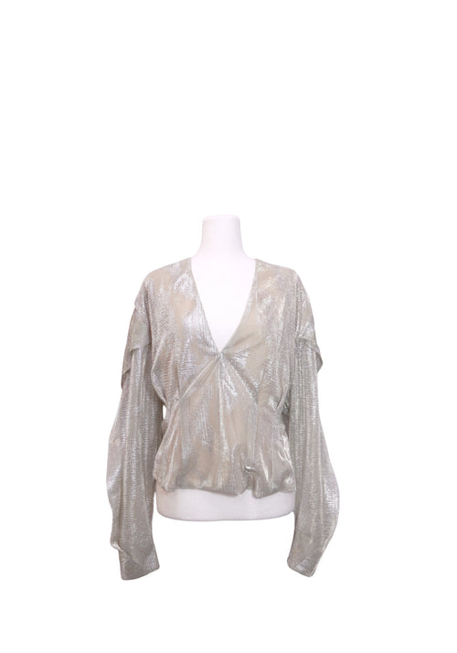 IRO silver metallic plissé long sleeve blouse with deep V-neckline, gathered front detail, and relaxed silhouette.