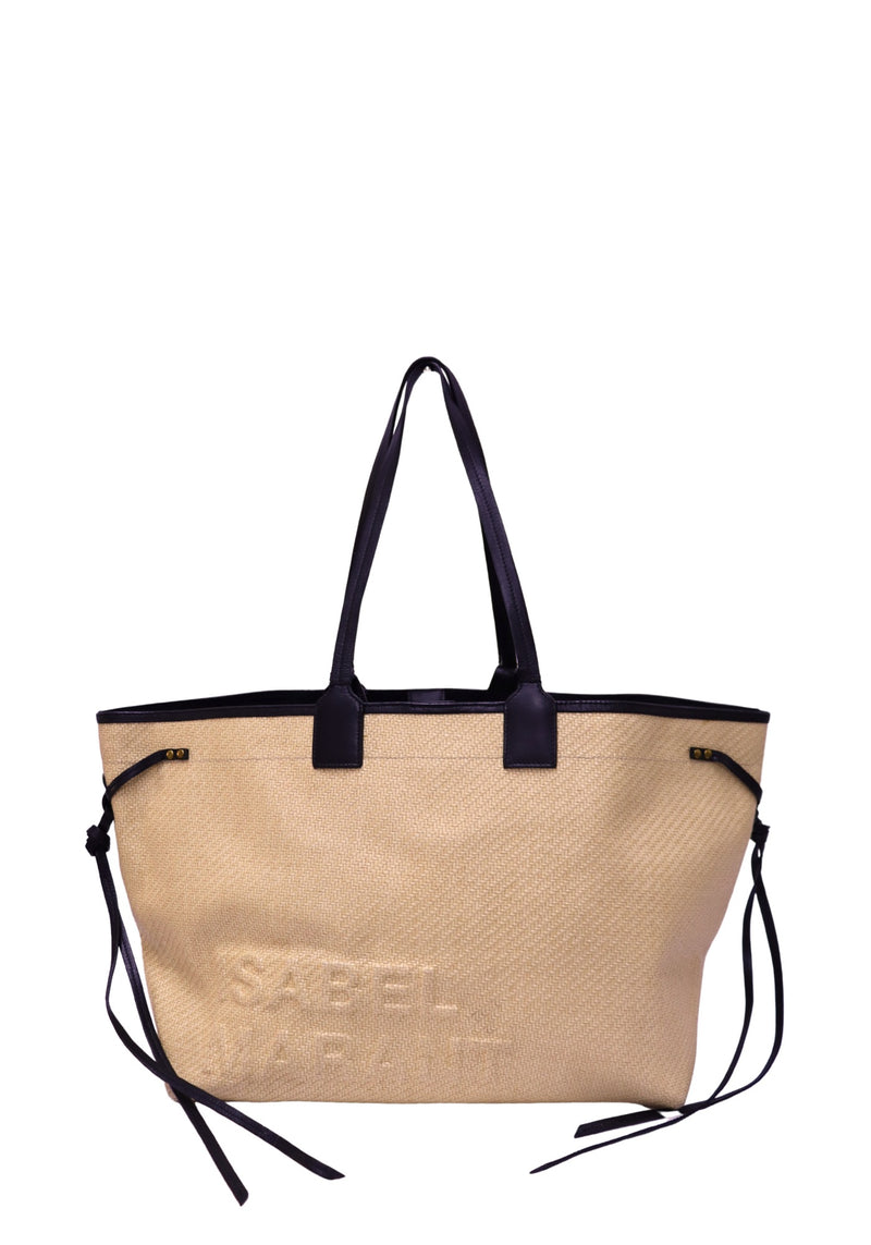 Isabel Marant beige woven tote bag with black leather handles, side ties and tonal logo