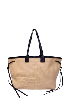 Isabel Marant beige woven tote bag with black leather handles, side ties and tonal logo