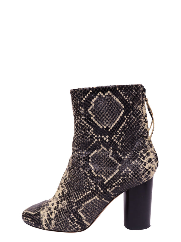 Isabel Marant black and beige python-effect leather ankle boot featuring a snakeskin pattern, almond-shaped toe, side zipper and high cylindrical black block heel.