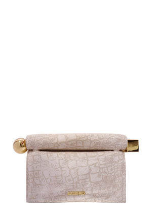 Authentic Jacquemus La Pochette Rond Carré printed leather clutch with gold-tone hardware and signature rolled-top design.