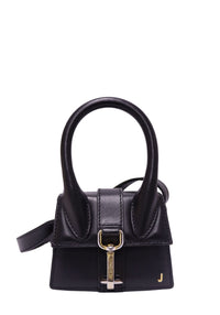 Jacquemus Le Chiquito black leather mini handbag featuring an oversized rounded top handle, structured trapezoidal silhouette, gold-tone JACQUEMUS clasp and slim shoulder strap.