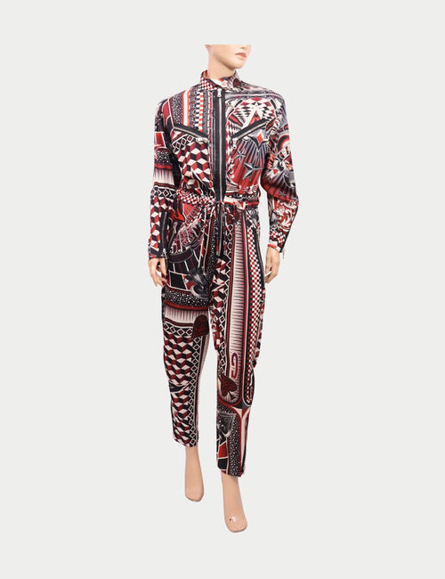 Jean Paul Gaultier red and black geometric print jumpsuit with long sleeves and drawstring waist 
