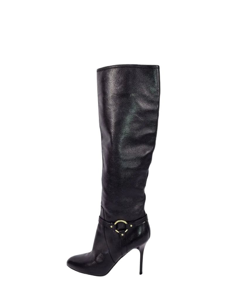 Jimmy Choo black leather knee-high boot with gold buckle
