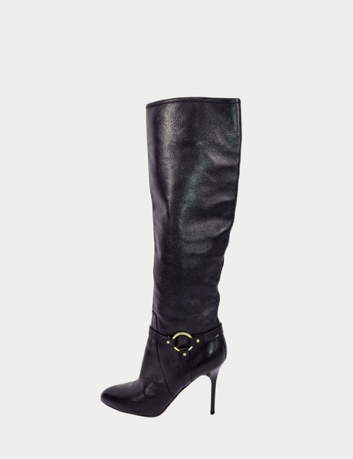 Jimmy Choo black leather knee-high boot with gold buckle