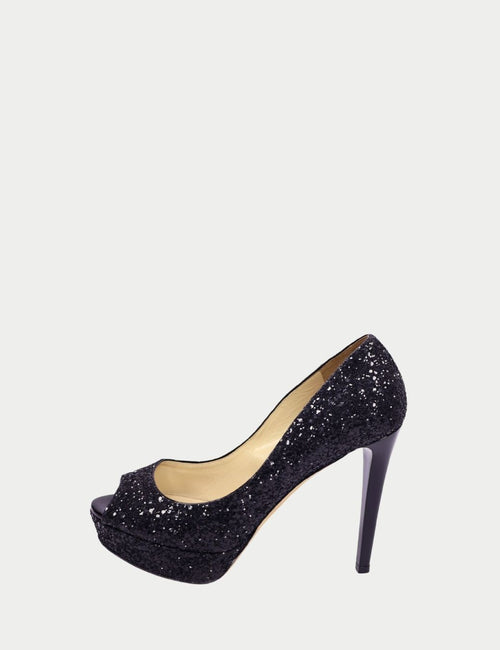 Jimmy Choo black glitter platform pumps with peep toe and stiletto heel