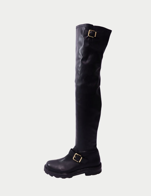 Jimmy Choo black leather thigh-high boots with gold buckle detail