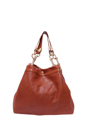Jimmy Choo auburn brown grained leather hobo shoulder bag featuring gold-tone hardware, dual leather shoulder straps, relaxed silhouette, and spacious interior