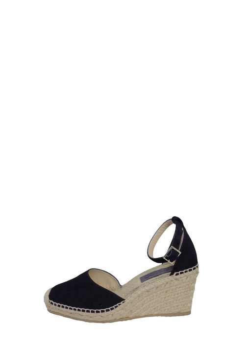 Jimmy Choo black suede espadrille wedge sandals with braided jute heel and adjustable ankle strap