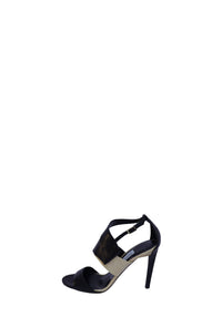 Jimmy Choo black and beige leather high heel sandals with wide crossover straps, open toe, adjustable ankle strap, and stiletto heels.