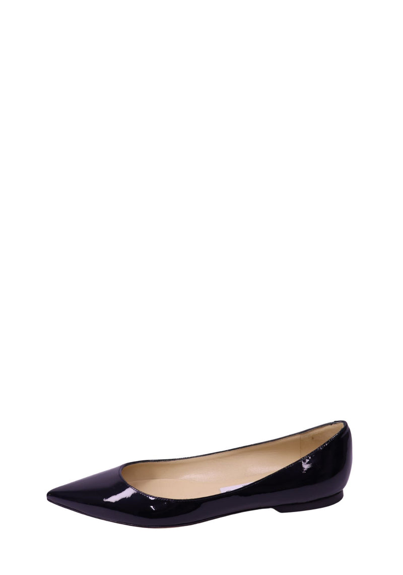 Jimmy Choo black patent leather pointed toe ballet flats with glossy finish