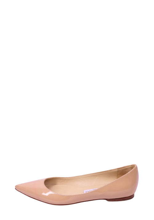 Jimmy Choo nude patent leather pointed toe ballet flats with glossy finish