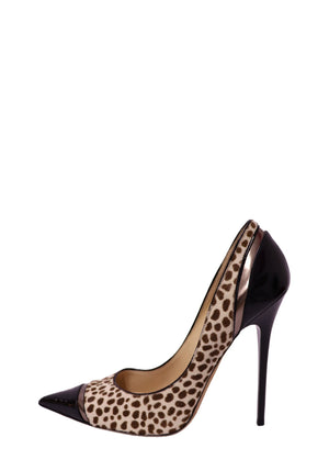 Authentic Jimmy Choo pointed-toe pumps in black patent leather with leopard-print calf hair and high stiletto heels.