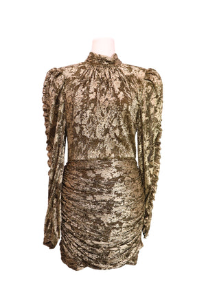 Jonathan Simkhai metallic gold jacquard mini dress featuring a high gathered neckline, long sleeves with ruffle detailing, structured shoulders, and a ruched fitted skirt.
