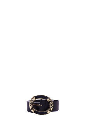 Just Cavalli black leather belt featuring a statement circular gold-tone buckle with ornate detailing, adjustable fit, and sleek designer styling