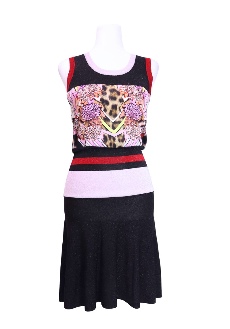 Authentic Just Cavalli sleeveless black knit midi dress with floral and leopard print bodice, striped waistband, and flared skirt.