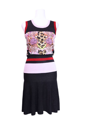 Authentic Just Cavalli sleeveless black knit midi dress with floral and leopard print bodice, striped waistband, and flared skirt.