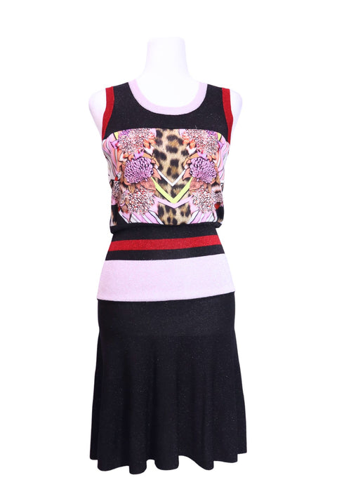 Authentic Just Cavalli sleeveless black knit midi dress with floral and leopard print bodice, striped waistband, and flared skirt.