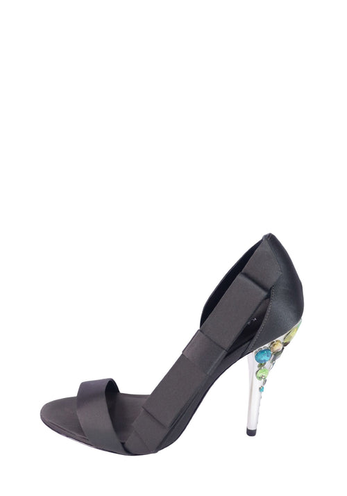 Karen Millen black satin heeled sandals with crystal embellished transparent stiletto heels.