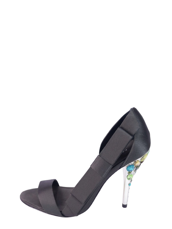 Karen Millen black satin heeled sandals with crystal embellished transparent stiletto heels.