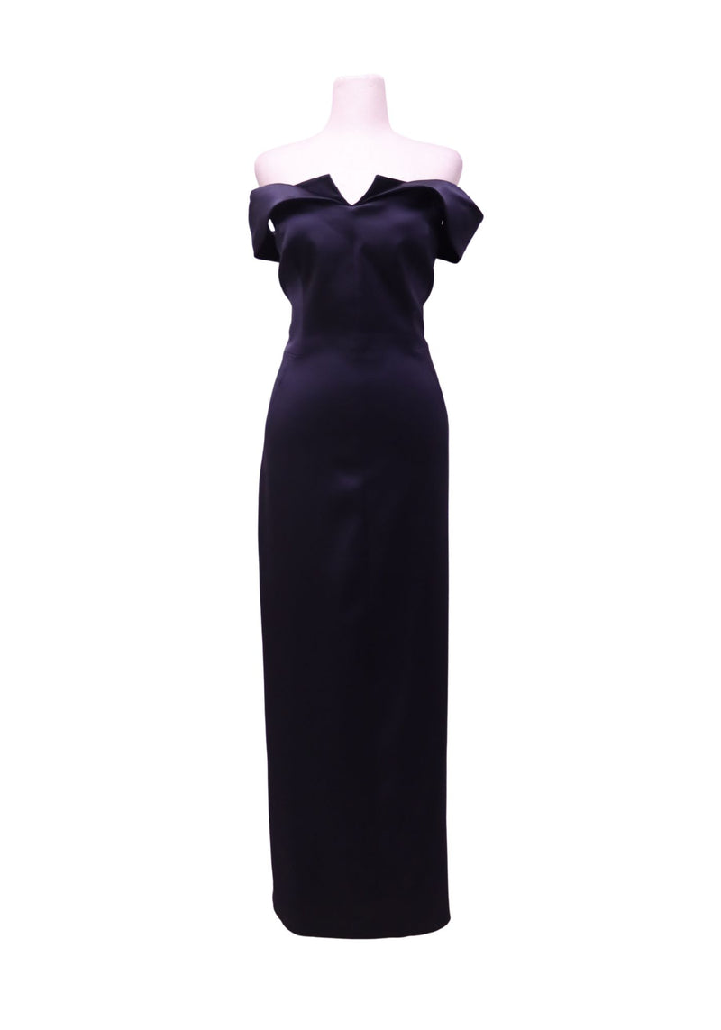 Karen Millen navy satin maxi dress featuring an elegant off-the-shoulder neckline, fitted silhouette, and floor-length evening gown design
