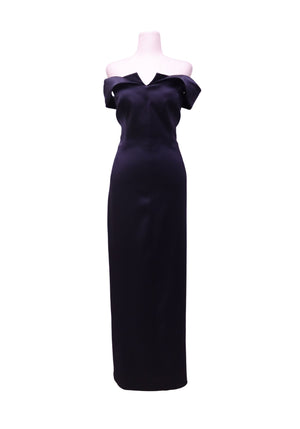 Karen Millen navy satin maxi dress featuring an elegant off-the-shoulder neckline, fitted silhouette, and floor-length evening gown design