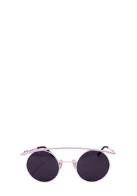 Authentic Karen Wazen white metal aviator sunglasses with dark grey lenses and signature geometric temple detailing.