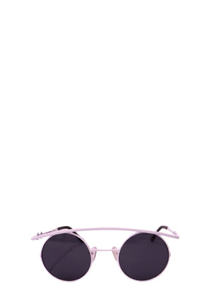 Authentic Karen Wazen white metal aviator sunglasses with dark grey lenses and signature geometric temple detailing.