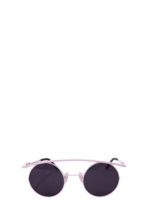 Authentic Karen Wazen white metal aviator sunglasses with dark grey lenses and signature geometric temple detailing.