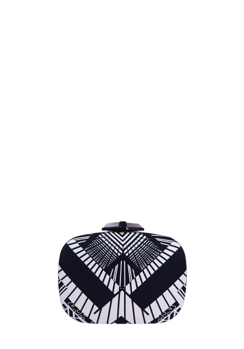 Karen Millen black and white geometric print box clutch with a structured hard-case design and silver-tone clasp closure