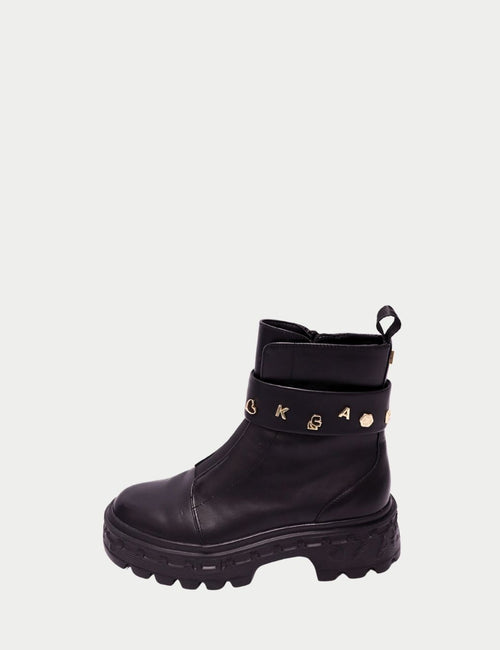 Karl Lagerfeld black leather chunky ankle boots with gold charm strap and thick rubber sole