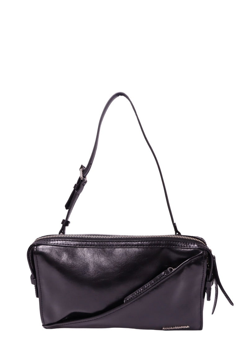 Karl Lagerfeld black East-West shoulder bag with asymmetric diagonal front panel, slim adjustable strap, silver-tone zipper and metallic logo