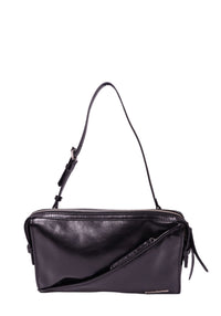 Karl Lagerfeld black East-West shoulder bag with asymmetric diagonal front panel, slim adjustable strap, silver-tone zipper and metallic logo