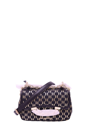 Karl Lagerfeld black and beige monogram crossbody bag with gold-tone chain detail and adjustable shoulder strap