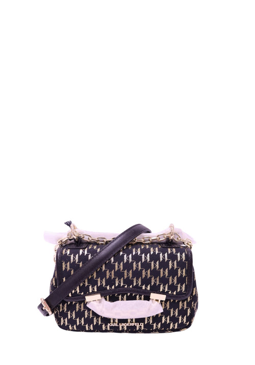 Karl Lagerfeld black and beige monogram crossbody bag with gold-tone chain detail and adjustable shoulder strap