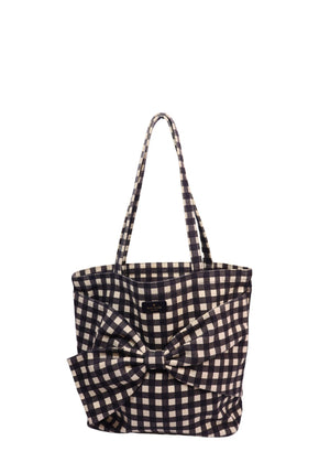 Kate Spade black and white gingham tote bag featuring an oversized front bow and dual shoulder straps