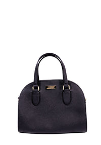 Kate Spade New York black saffiano leather dome satchel with dual top handles, gold-tone hardware, and structured silhouette