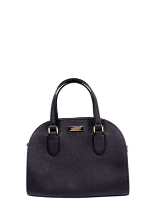 Kate Spade New York black saffiano leather dome satchel with dual top handles, gold-tone hardware, and structured silhouette