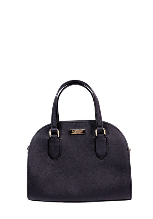 Kate Spade New York black saffiano leather dome satchel with dual top handles, gold-tone hardware, and structured silhouette