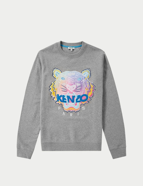 Kenzo Grey Tiger Logo Sweatshirt with multicolor embroidered tiger head and Kenzo Paris lettering