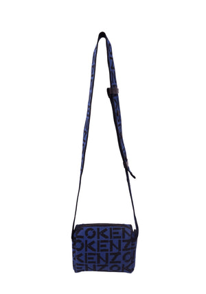 Kenzo blue and black jacquard crossbody bag featuring an oversized all-over KENZO logo pattern, rectangular silhouette, top zipper and adjustable logo shoulder strap.